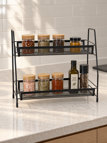 T&CO 2-tier modern black metal wire mesh countertop spice rack and kitchen organizer shelf holding spice jars and condiments