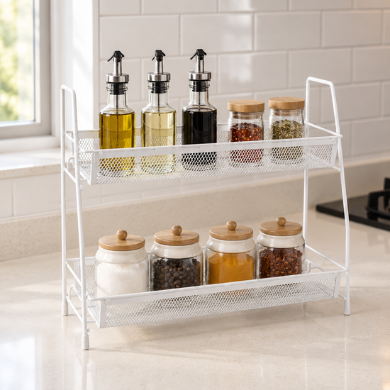 T&CO 2-tier white powder-coated wire mesh countertop spice rack and kitchen organizer shelf holding spice jars and oils