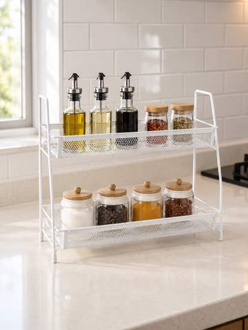 T&CO 2-tier white powder-coated wire mesh countertop spice rack and kitchen organizer shelf holding spice jars and oils