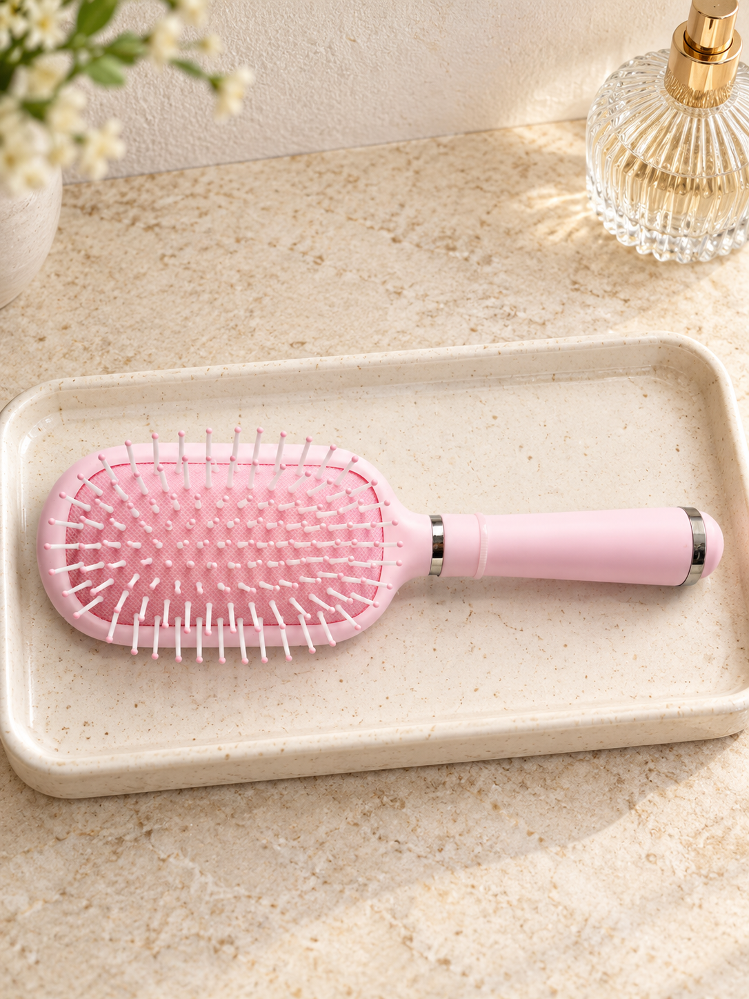 Cushioned Detangling Paddle Hair Brush with Chrome Accent in Pastel Pink from Thilakma Sri Lanka