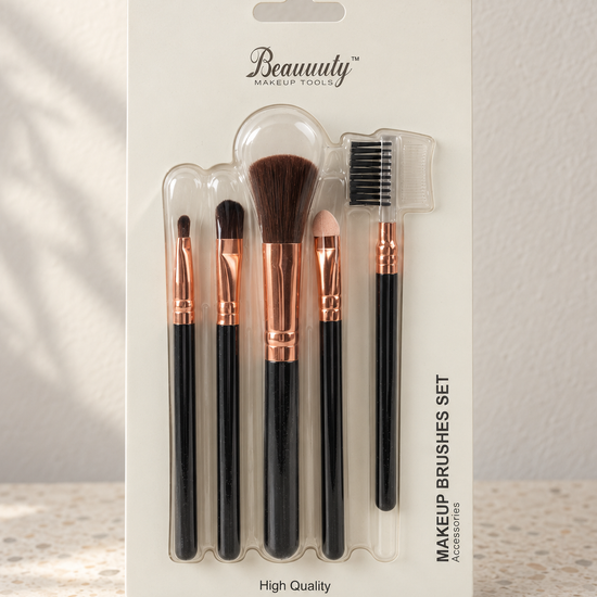 Beauuuty 5-piece travel cosmetic makeup brush set with rose gold ferrules and glossy black handles in retail blister pack