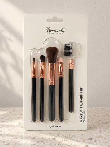 Beauuuty 5-piece travel cosmetic makeup brush set with rose gold ferrules and glossy black handles in retail blister pack