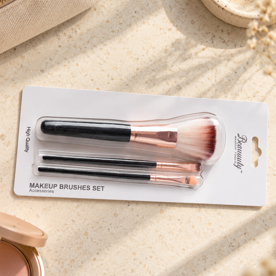 Beauuuty 3-Piece Makeup Brush Set with Rose Gold Ferrules and Black Handles available at Thilakma Sri Lanka