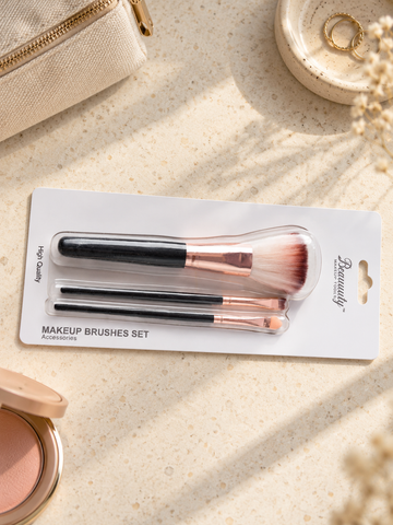 Beauuuty 3-Piece Makeup Brush Set with Rose Gold Ferrules and Black Handles available at Thilakma Sri Lanka