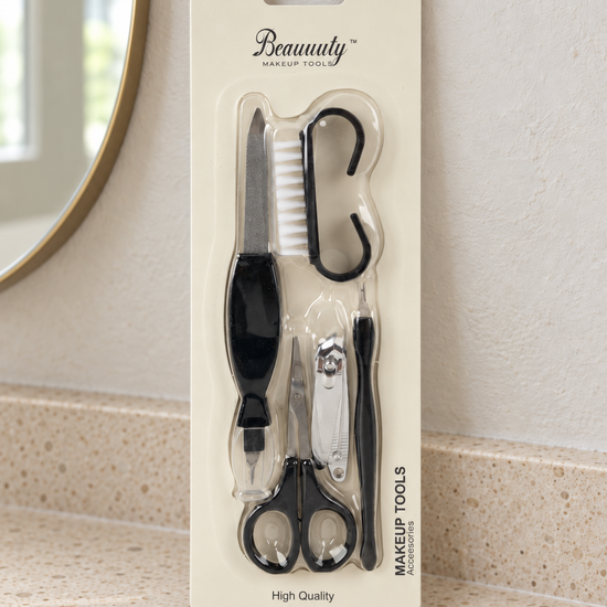 Beauuuty 6-in-1 manicure and pedicure grooming tool set including nail clipper, cuticle scissors, nail file, brush, and trimmer in blister card