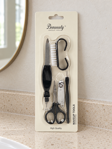 Beauuuty 6-in-1 manicure and pedicure grooming tool set including nail clipper, cuticle scissors, nail file, brush, and trimmer in blister card