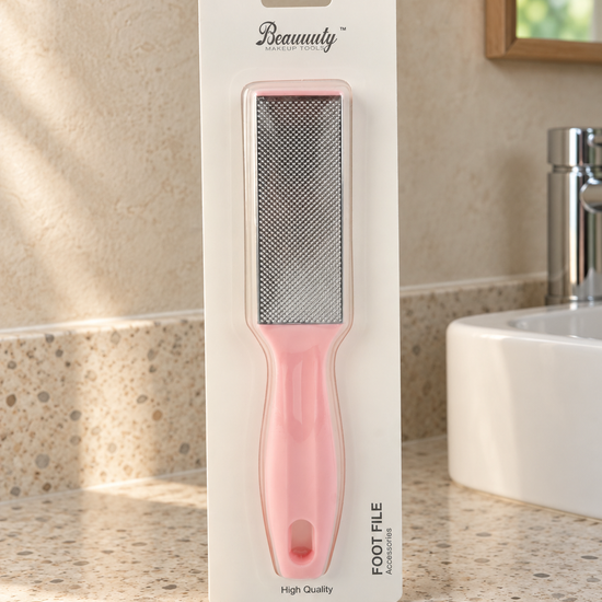 Beauuuty stainless steel pedicure foot rasp and callus remover file with pastel pink ergonomic handle in retail blister packaging