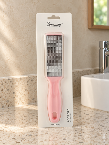 Beauuuty stainless steel pedicure foot rasp and callus remover file with pastel pink ergonomic handle in retail blister packaging