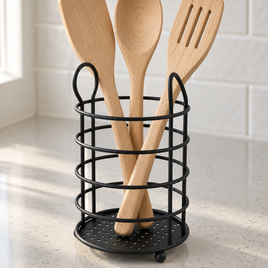 T&CO round wire countertop kitchen utensil holder caddy in matte black holding wooden spoons and cooking spatulas