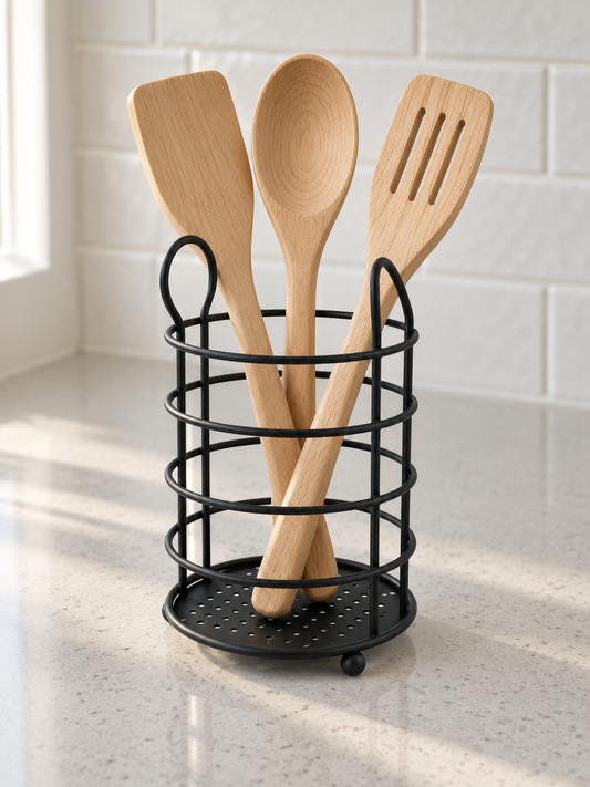 T&CO round wire countertop kitchen utensil holder caddy in matte black holding wooden spoons and cooking spatulas