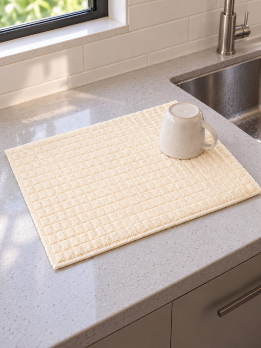 T&CO absorbent waffle-weave microfiber kitchen dish drying mat in cream ivory beside stainless steel sink with ceramic mug