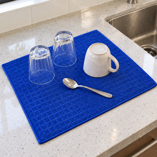 T&CO ultra-absorbent royal blue waffle-weave microfiber dish drying mat with reinforced binding for kitchen countertops