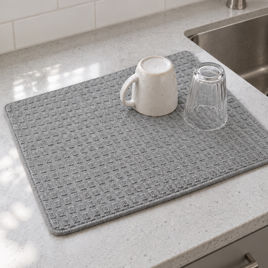 T&CO ultra-absorbent slate grey waffle-weave microfiber dish drying mat with reinforced border for kitchen counters