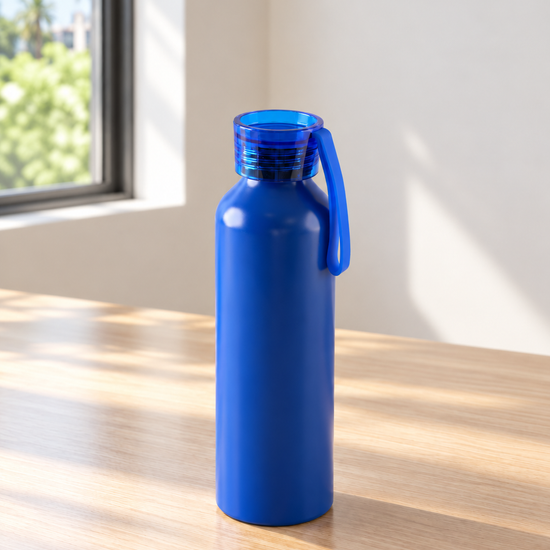 Sleek royal blue reusable sports water bottle with translucent blue screw top cap and flexible carry loop