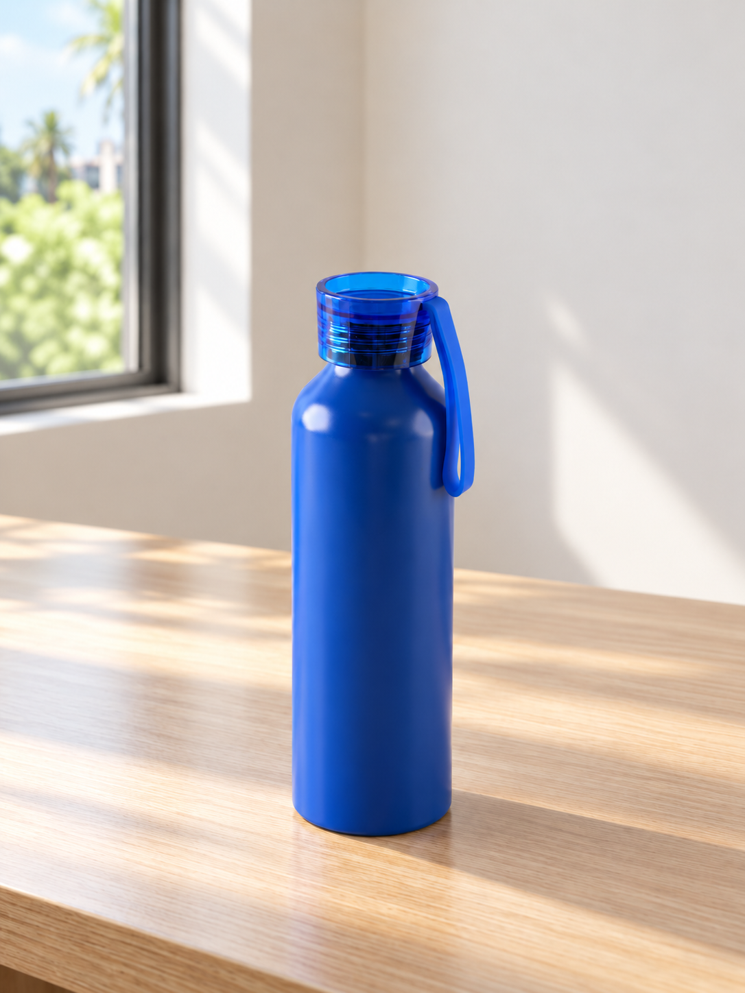 Sleek royal blue reusable sports water bottle with translucent blue screw top cap and flexible carry loop