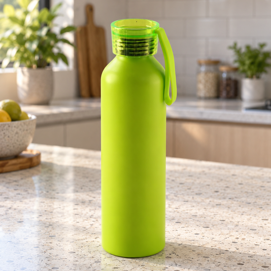Vibrant neon lime green reusable sports water bottle with translucent green twist-off lid and carry loop