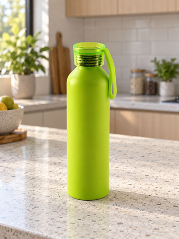 Vibrant neon lime green reusable sports water bottle with translucent green twist-off lid and carry loop