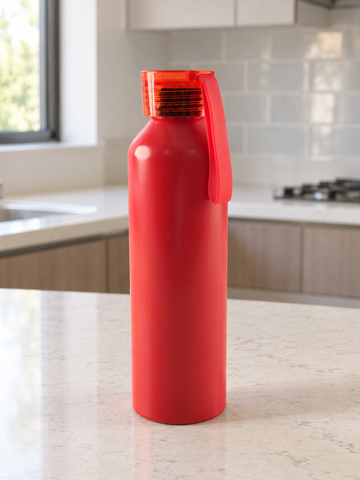 Vibrant crimson red reusable sports water bottle with translucent red leak-resistant screw cap and carry loop