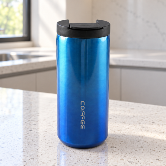 T&CO metallic cobalt blue double-wall insulated stainless steel coffee travel tumbler mug with flip sip lid