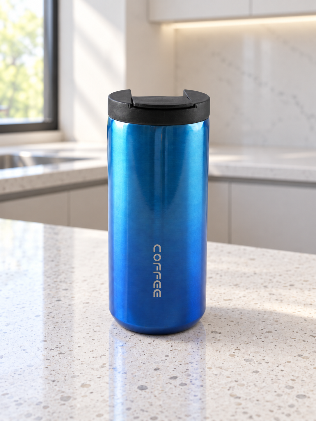 T&CO metallic cobalt blue double-wall insulated stainless steel coffee travel tumbler mug with flip sip lid