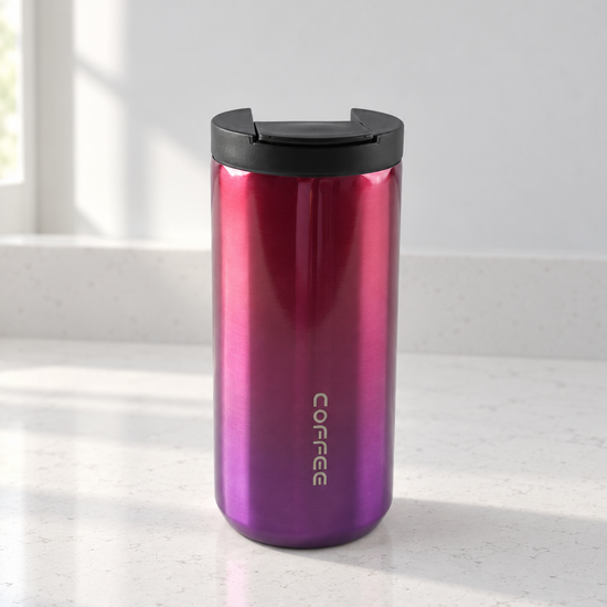 T&CO metallic ombre berry magenta vacuum insulated stainless steel coffee travel tumbler mug with secure flip lid