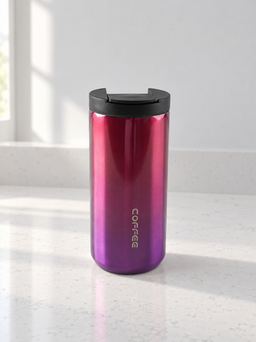 T&CO metallic ombre berry magenta vacuum insulated stainless steel coffee travel tumbler mug with secure flip lid