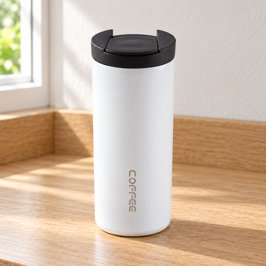 T&CO crisp white powder-coated vacuum insulated stainless steel coffee travel tumbler with flip sip lid