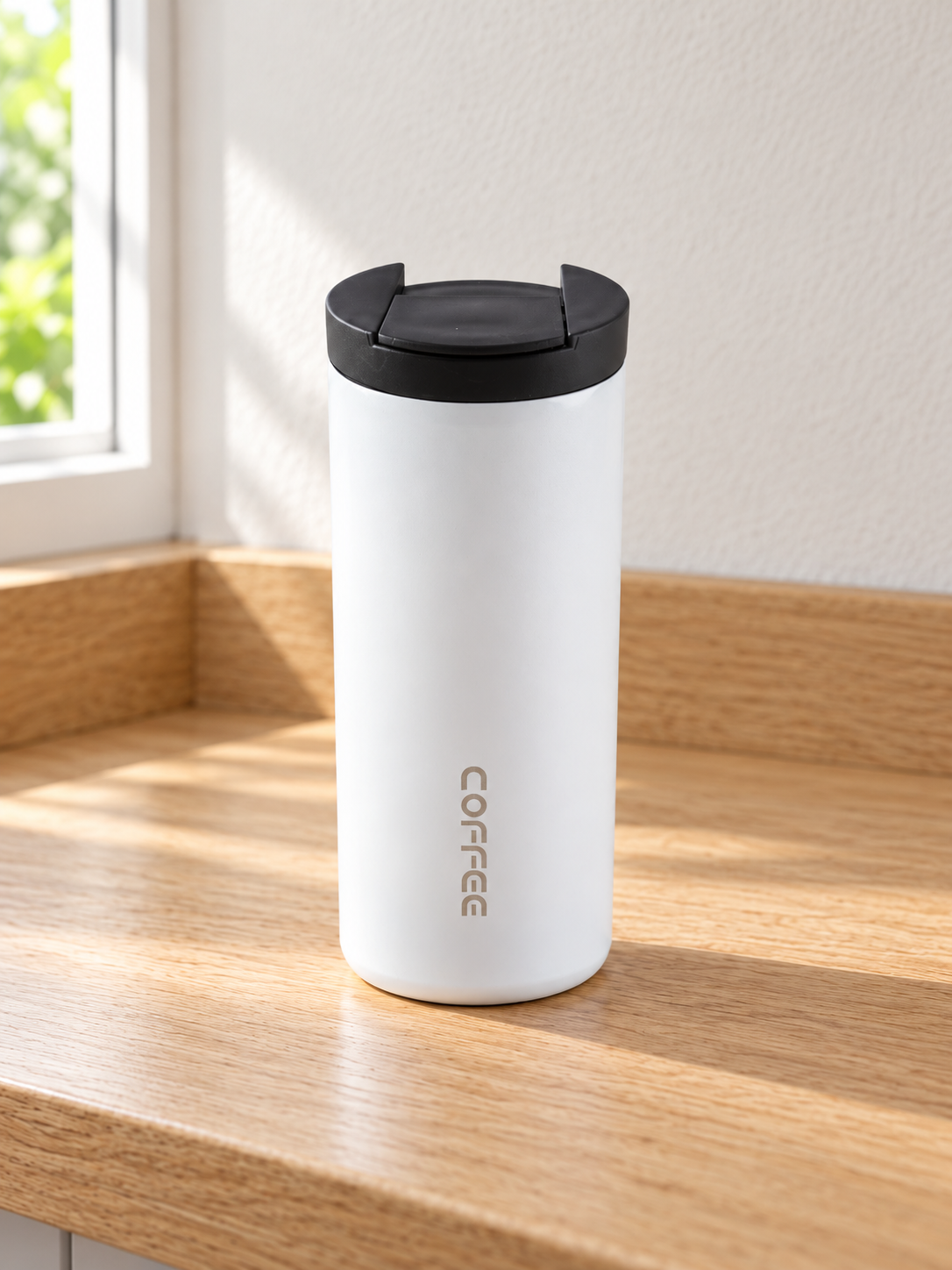 T&CO crisp white powder-coated vacuum insulated stainless steel coffee travel tumbler with flip sip lid