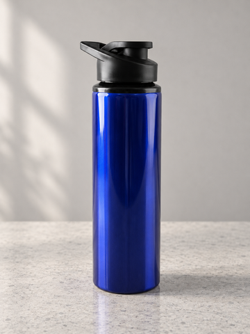 T&CO vibrant royal blue ergonomic sports water bottle with flip-up spout and integrated carry handle