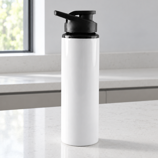 T&CO clean pure white ergonomic sports water bottle with flip-up spout and integrated carry handle