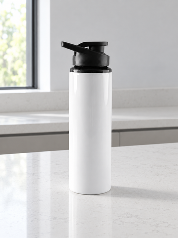 T&CO clean pure white ergonomic sports water bottle with flip-up spout and integrated carry handle