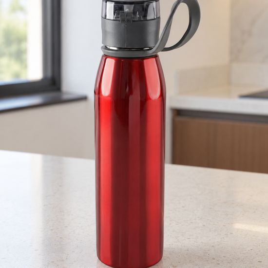 T&CO metallic ruby red stainless steel sports water bottle with protective flip cap and flexible silicone carry strap