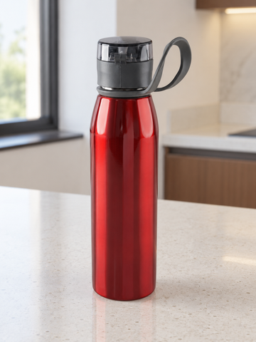 T&CO metallic ruby red stainless steel sports water bottle with protective flip cap and flexible silicone carry strap