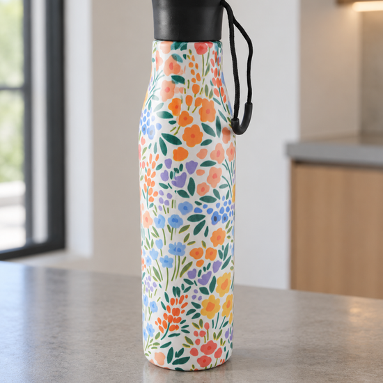 T&CO insulated stainless steel water bottle with meadow botanical wildflower pattern on cream white background and carry cord loop