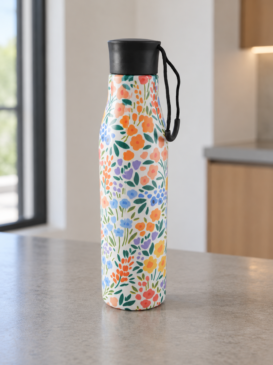 T&CO insulated stainless steel water bottle with meadow botanical wildflower pattern on cream white background and carry cord loop