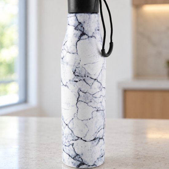 T&CO insulated stainless steel water bottle with sophisticated grey and white marble veined finish and black carry cord cap