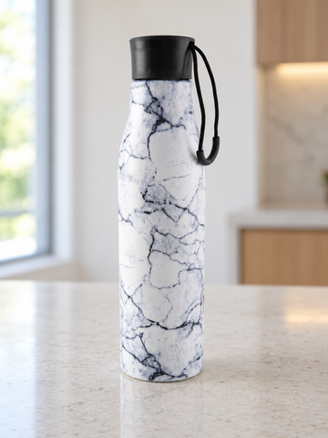 T&CO insulated stainless steel water bottle with sophisticated grey and white marble veined finish and black carry cord cap