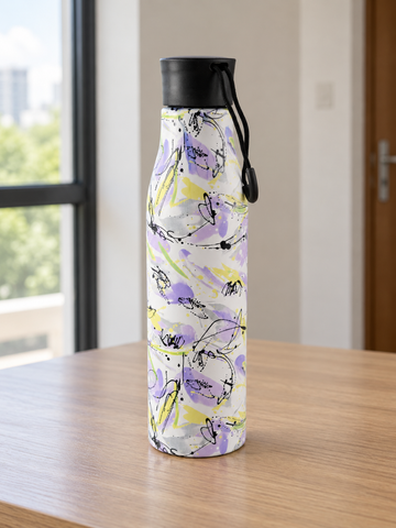 T&CO insulated stainless steel water bottle featuring an artistic lavender and yellow watercolor floral motif with black carry cord loop