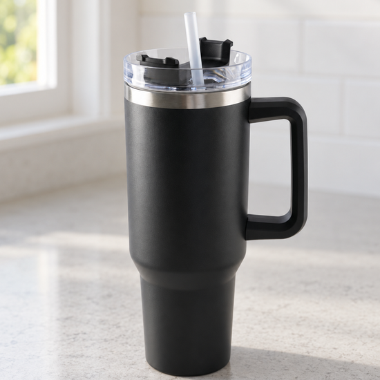 T&CO large matte black vacuum insulated travel tumbler with ergonomic comfort-grip handle, rotating lid, and reusable straw