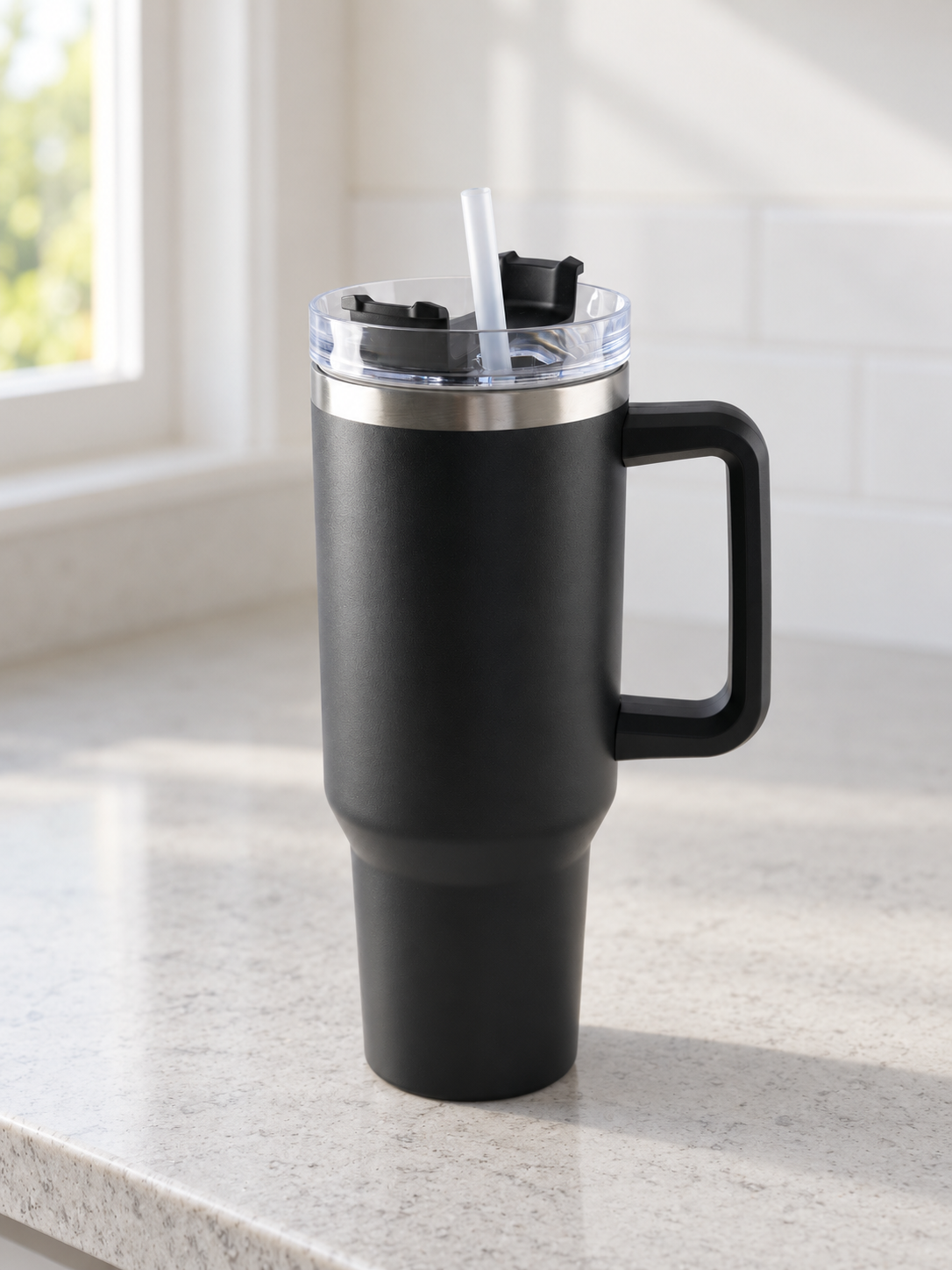 T&CO large matte black vacuum insulated travel tumbler with ergonomic comfort-grip handle, rotating lid, and reusable straw