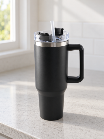 T&CO large matte black vacuum insulated travel tumbler with ergonomic comfort-grip handle, rotating lid, and reusable straw
