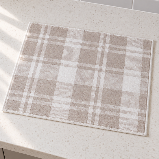 Fresh ultra-absorbent beige and ivory plaid check microfiber dish drying mat with durable stitched border