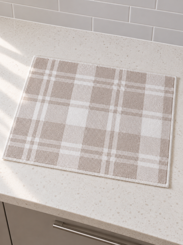 Fresh ultra-absorbent beige and ivory plaid check microfiber dish drying mat with durable stitched border