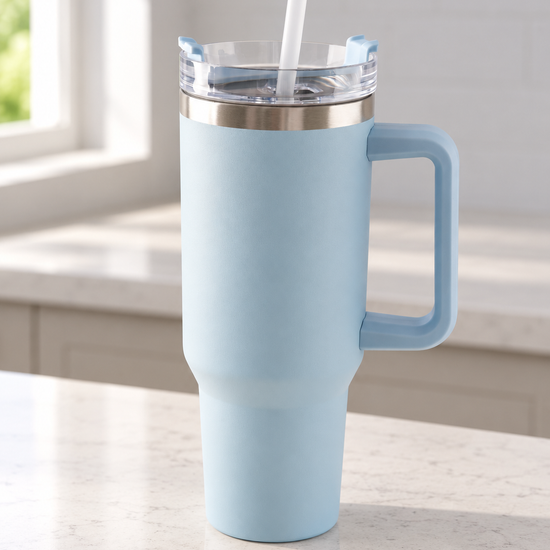 T&CO pastel powder blue vacuum insulated travel tumbler with large side handle, rotating lid, and reusable straw