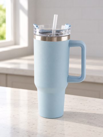 T&CO pastel powder blue vacuum insulated travel tumbler with large side handle, rotating lid, and reusable straw
