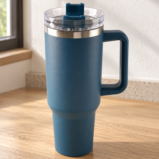 T&CO deep slate teal blue vacuum insulated travel tumbler with sturdy ergonomic handle and clear multi-function lid