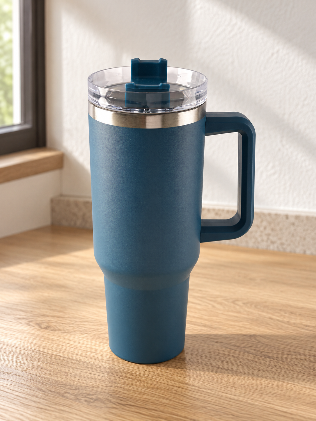 T&CO deep slate teal blue vacuum insulated travel tumbler with sturdy ergonomic handle and clear multi-function lid