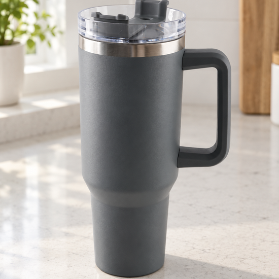 T&CO modern charcoal grey vacuum insulated travel tumbler with ergonomic comfort-grip handle and rotating lid