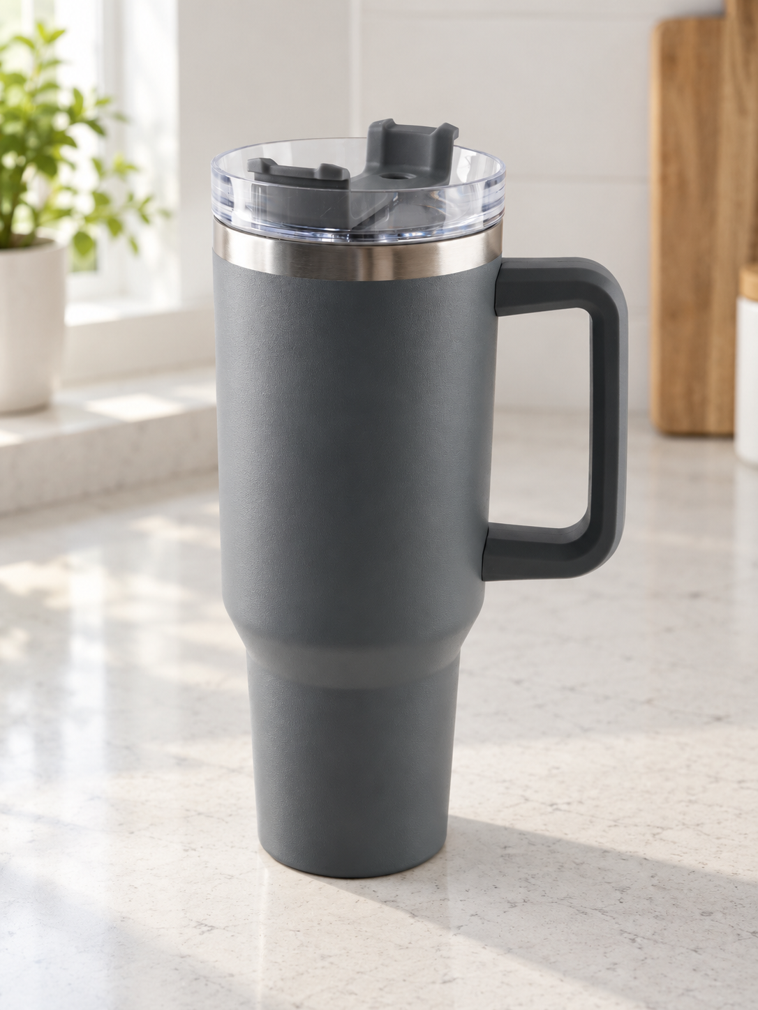 T&CO modern charcoal grey vacuum insulated travel tumbler with ergonomic comfort-grip handle and rotating lid