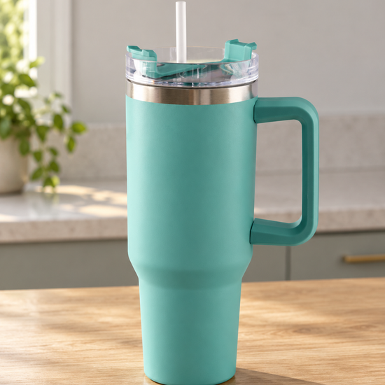T&CO refreshing mint turquoise vacuum insulated travel tumbler with large ergonomic handle, rotating lid, and reusable straw